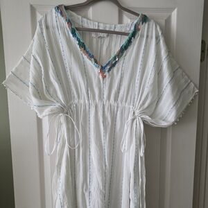Duet Anthropoligie White Sheer Beaded Embroidered Side Tie Dress. Size Xs/S